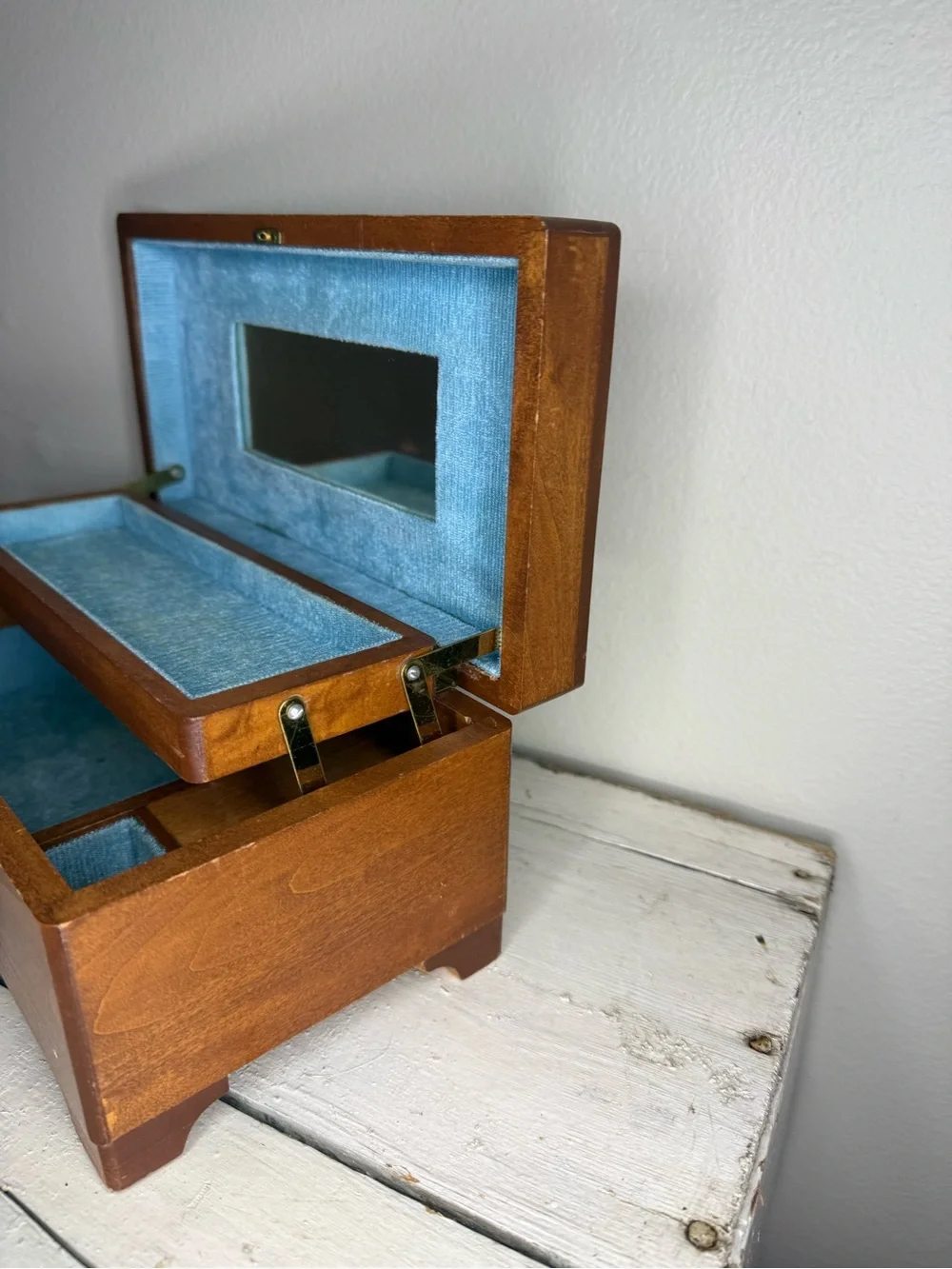 Vintage MCM Wooden Jewelry Music Box WORKS! Japan Mirror Blue Velvet Box